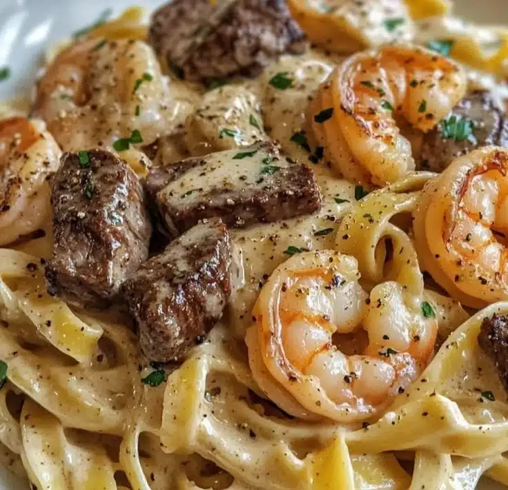 Cajun shrimp steak Alfredo pasta served in a creamy sauce with spices.