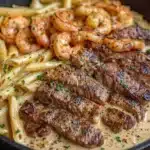 Cajun shrimp and steak Alfredo pasta served in a bowl