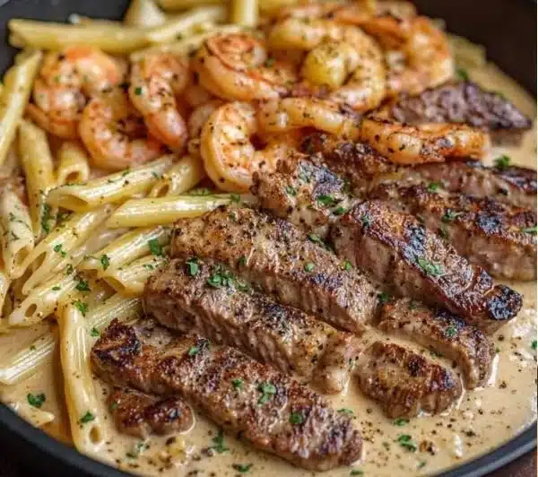 Cajun Shrimp and Steak Alfredo Pasta