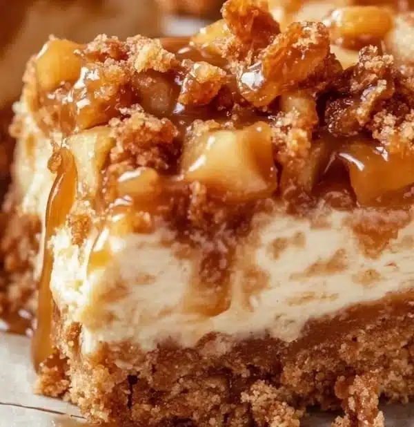 Delicious caramel apple cheesecake bars topped with caramel drizzle and apples
