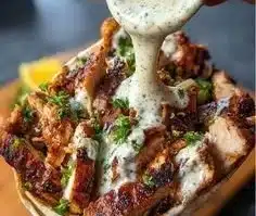 Delicious Chicken Shawarma drizzled with garlic sauce served on a plate.
