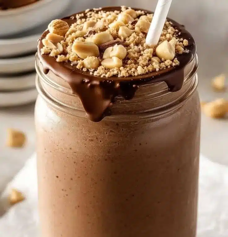 Chocolate Peanut Butter Protein Smoothie in a glass with a spoon