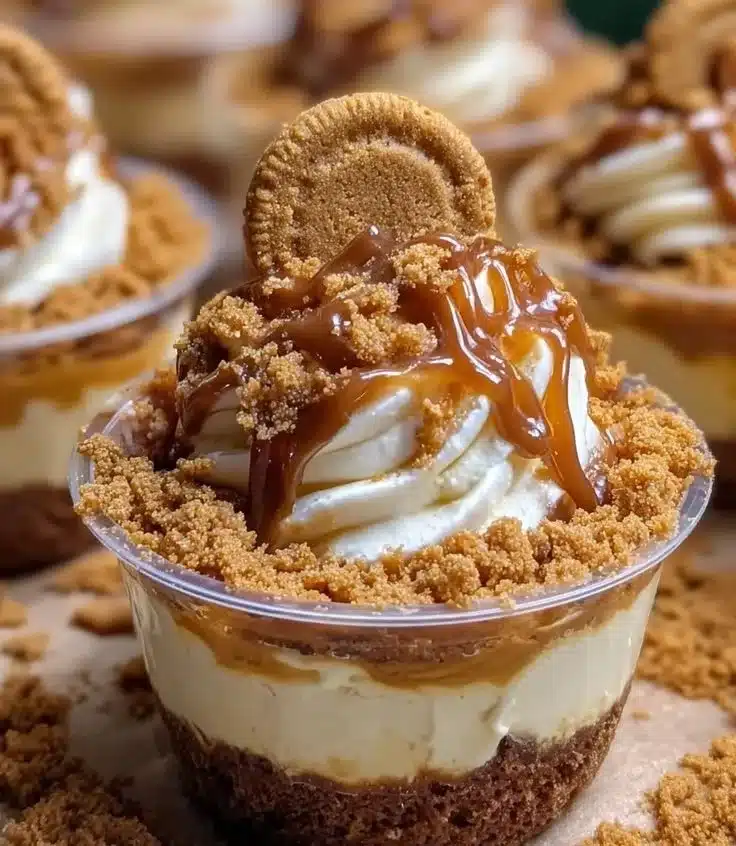Delicious Cookie Butter Cheesecake Cups topped with cookie crumbles
