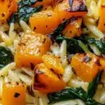 Creamy orzo dish featuring roasted butternut squash and fresh spinach