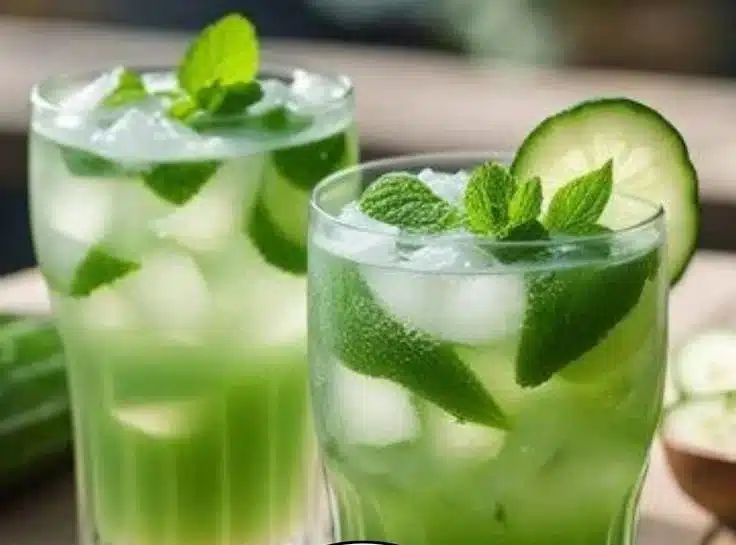 Refreshing Cucumber Mint Cooler drink with cucumber slices and mint leaves.