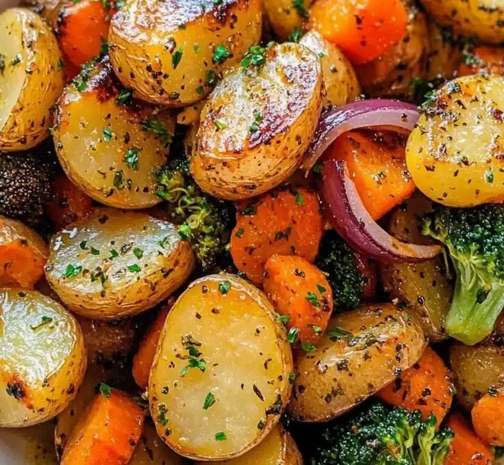 Bowl of Garlic Herb Roasted Potatoes and colorful mixed veggies garnished with herbs