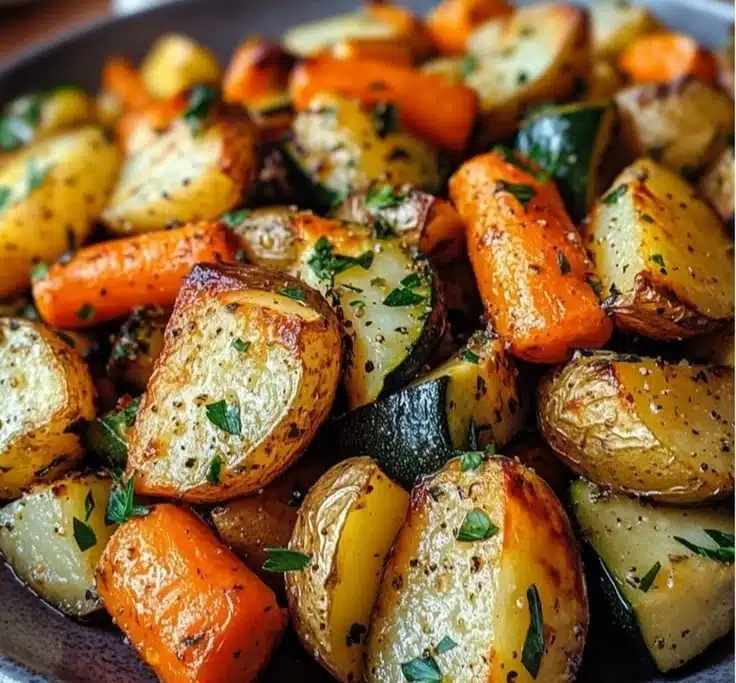 Delicious garlic herb roasted potatoes, carrots, and zucchini on a serving platter