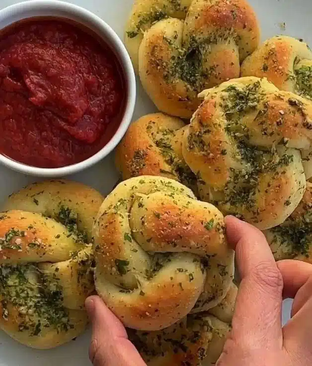 Freshly baked garlic knots topped with garlic butter and parsley