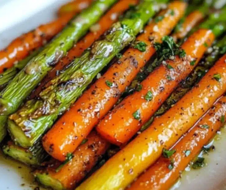 Delicious garlic roasted asparagus and carrots served on a plate