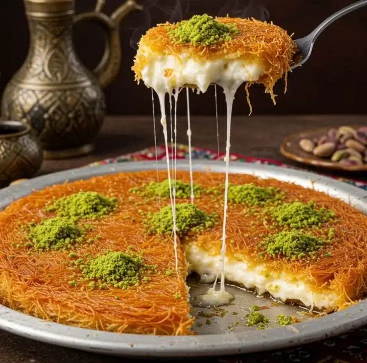 Delicious gooey Kunafa dessert served on a plate with syrup and nuts