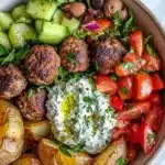 A delicious Greek meatball bowl with fresh ingredients and colorful toppings.