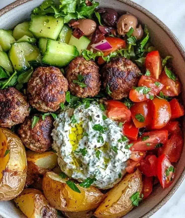 A delicious Greek meatball bowl with fresh ingredients and colorful toppings.