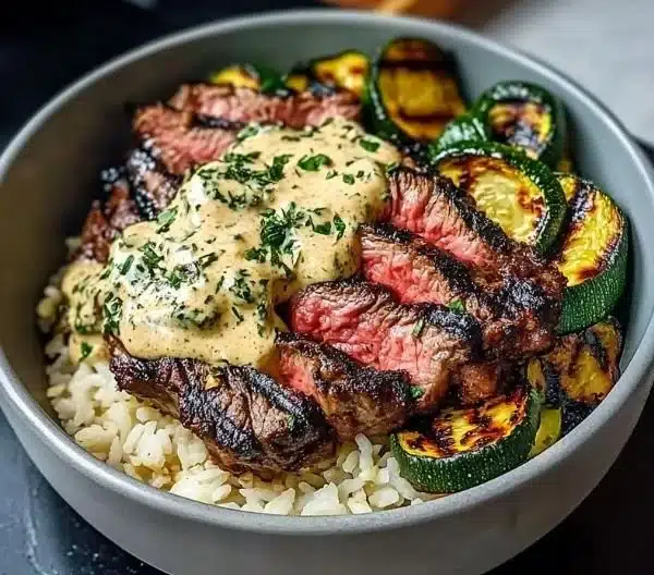 Grilled Steak Bowl with Sauce & Grilled Zucchini Bliss
