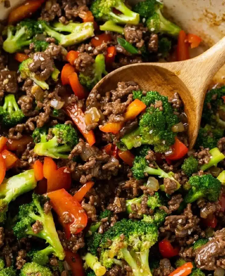 Delicious ground beef and broccoli stir-fry served in a bowl.