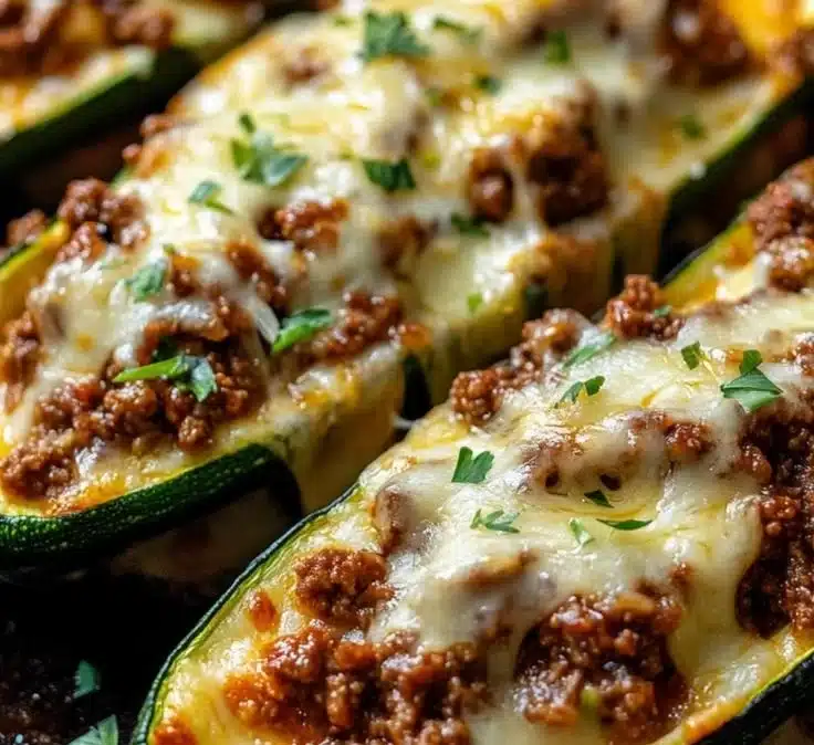 Ground beef zucchini boats filled with savory ingredients