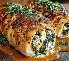 Herbed ricotta stuffed chicken rolls served on a plate with fresh herbs