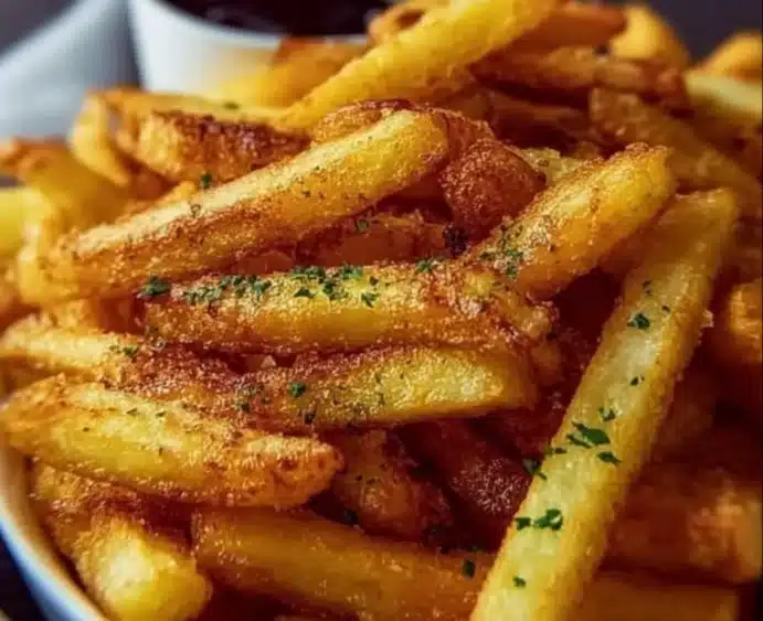 Plate of homemade crispy air fryer french fries served with dipping sauce