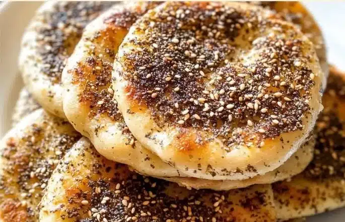 Delicious homemade Za'atar Flatbread (Manakish) topped with aromatic herbs and spices