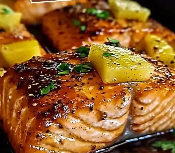 Grilled honey pineapple salmon garnished with fresh herbs on a plate