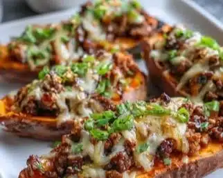 Hot honey ground beef served in sweet potato boats for a healthy dinner