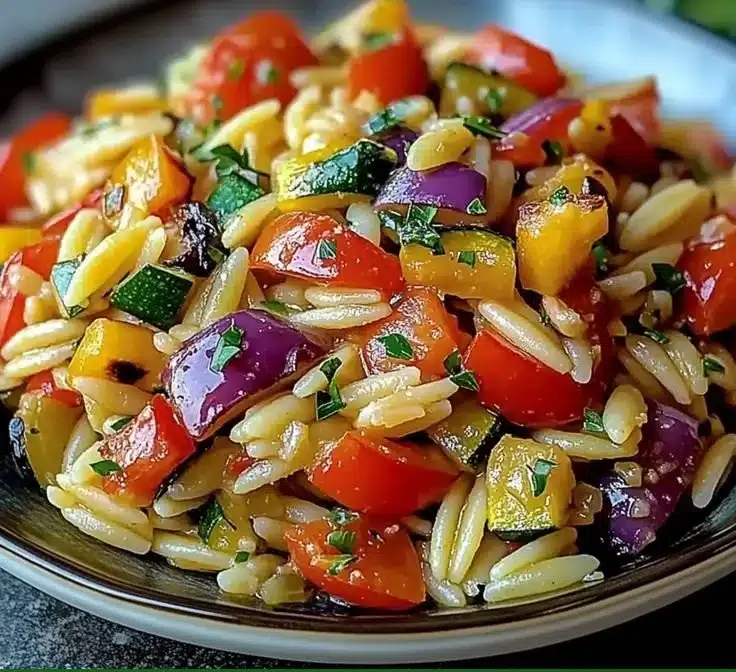 Delicious roasted vegetable orzo dish garnished and ready to serve