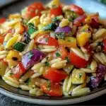 Bowl of roasted vegetable orzo topped with fresh herbs and colorful veggies