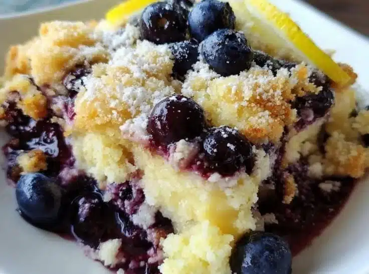 Lemon Blueberry Cheesecake Dump Cake served with fresh blueberries on top.