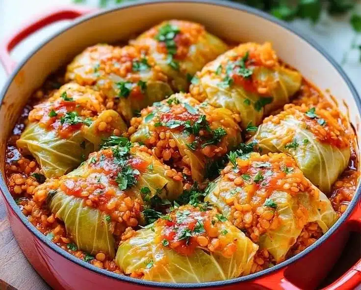 Delicious lentil and rice stuffed cabbage rolls on a plate