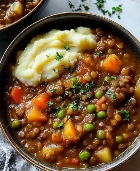 Bowl of hearty Lentil Vegetable Stew with fresh vegetables and spices