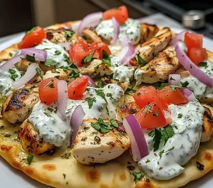 Mediterranean Tzatziki Chicken Naan Pizza