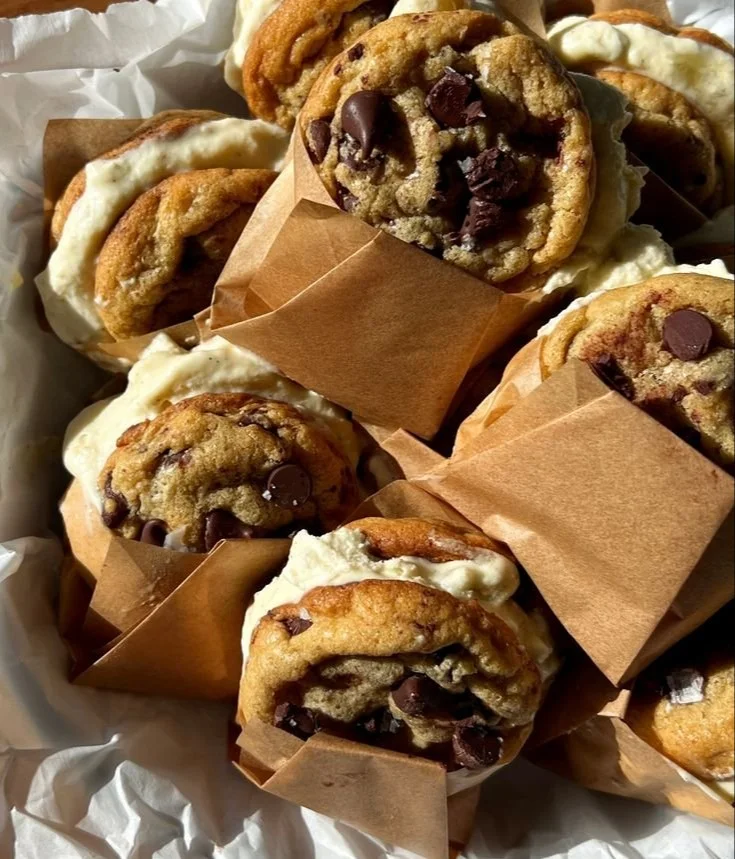 Mini Brown Butter Chocolate Chip Cookie Ice Cream Sandwiches with Olive Oil & Honeycomb Vanilla Bean Ice Cream