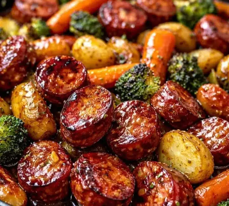 One-Pan Honey Garlic Kielbasa with colorful vegetables ready to serve.