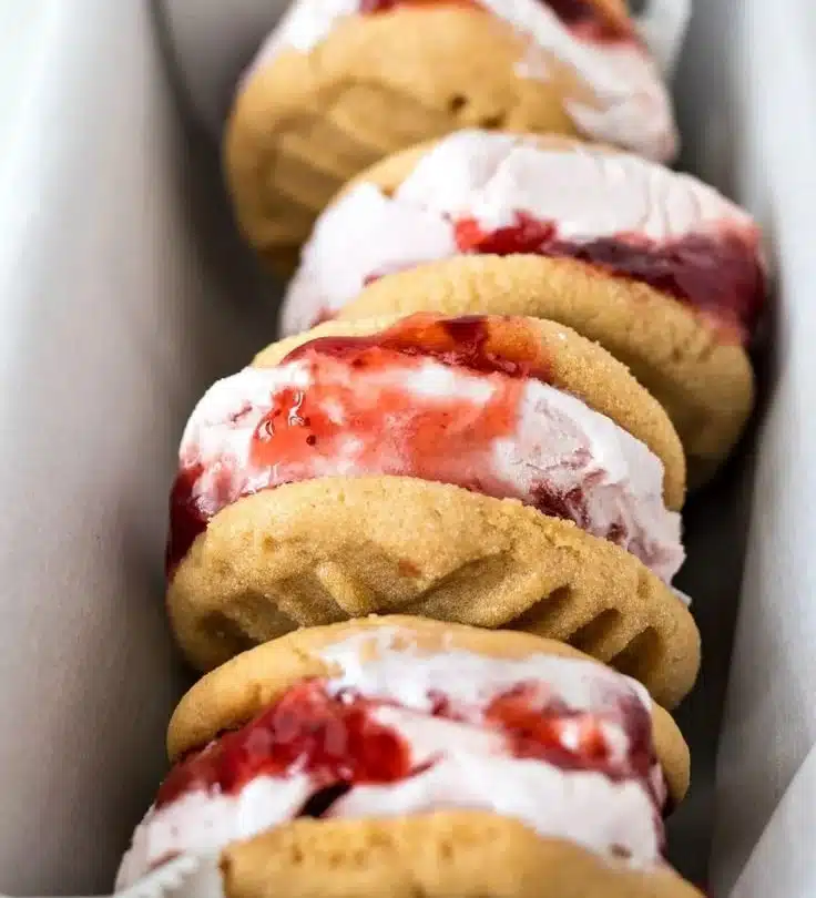Delicious PB&J ice cream sandwiches made with soft cookies and creamy filling