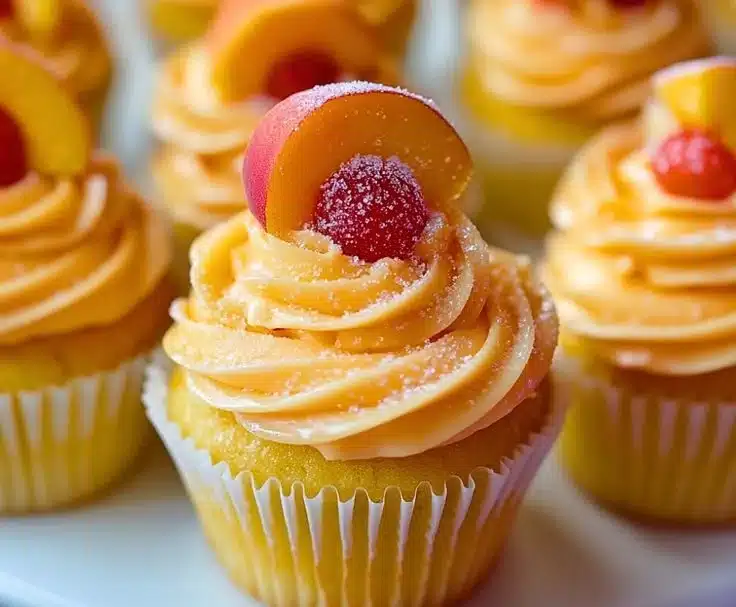 Delicious Peach Bellini Cupcakes topped with peach frosting and sparkling details.