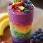 Colorful assortment of refreshing smoothie ideas in glasses with fruits and greens