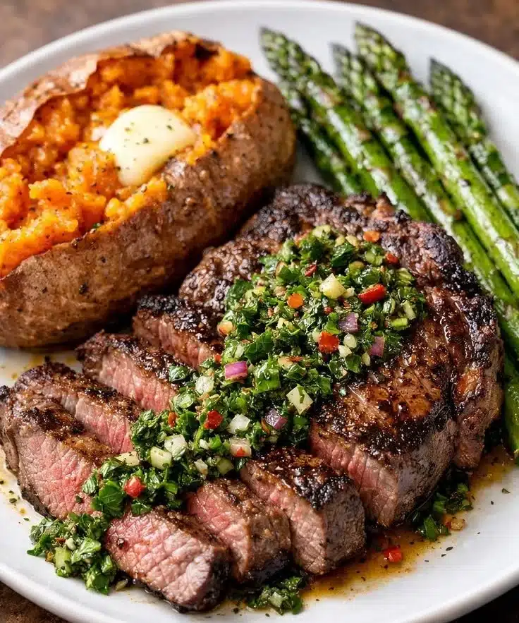 Ribeye Steak with Sweet Potato and Chimichurri