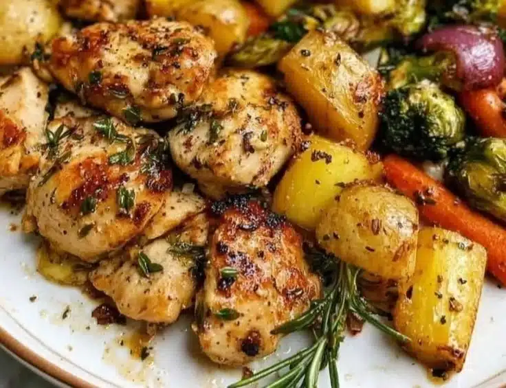 Sheet pan lemon herb chicken with colorful vegetables for a healthy dinner