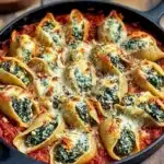 Delicious spinach and ricotta stuffed shells topped with marinara sauce