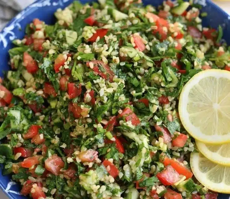 Fresh and colorful Tabouli Salad with parsley, tomatoes, and bulgur wheat.