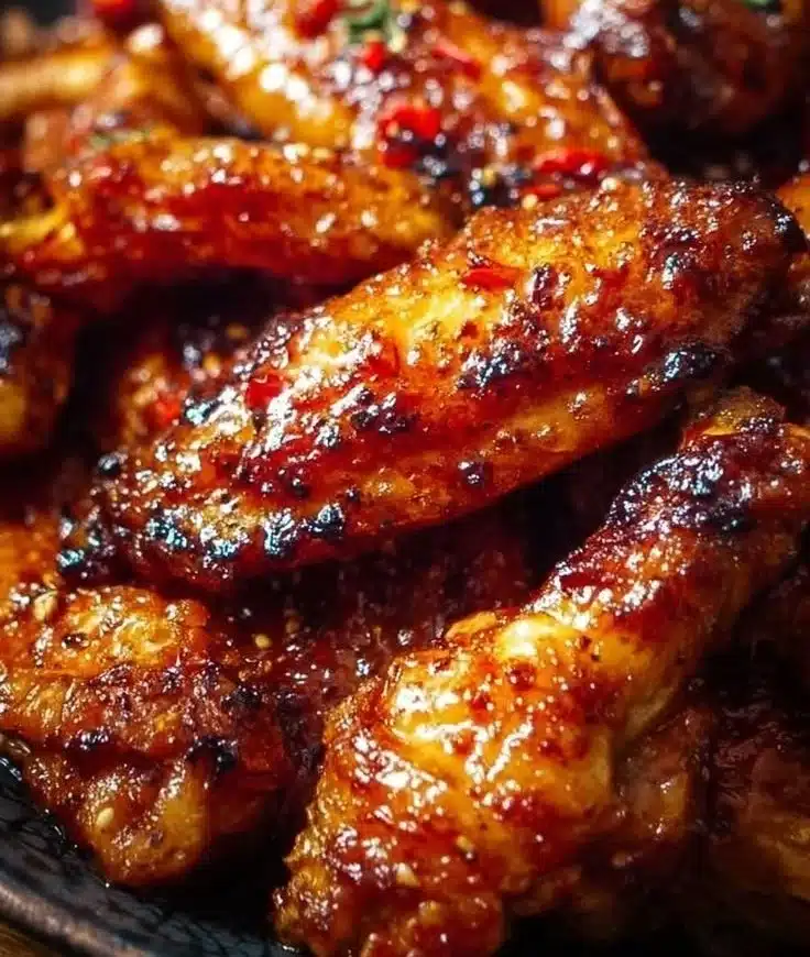 Oven-baked honey BBQ chicken wings garnished with sesame seeds and parsley.