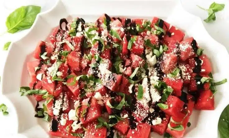 Colorful Watermelon Basil Feta Salad with fresh ingredients