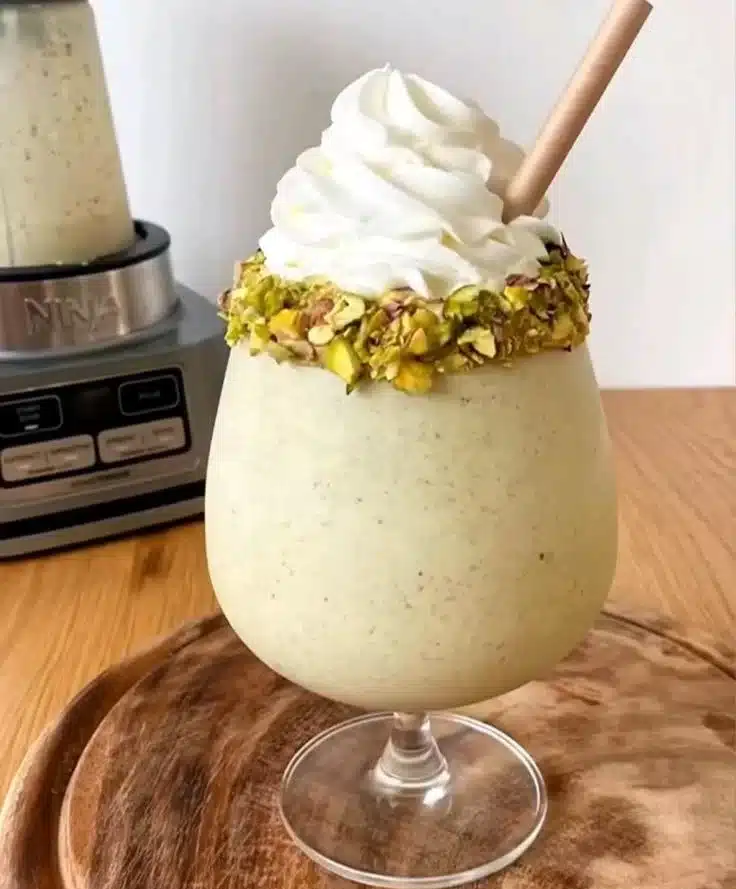 Delicious White Chocolate Pistachio Shake topped with whipped cream and nuts
